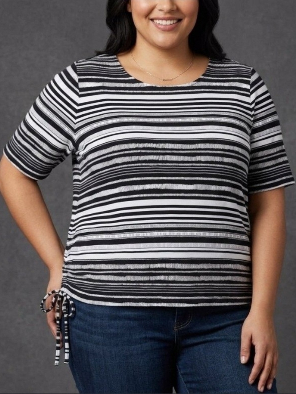 Chico's Black and White Striped Short-Sleeve Tie-Hem Top
